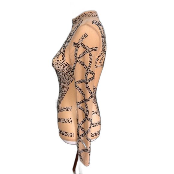 Banjul Tan Nude Mesh Rhinestone Studded Bodysuit Stretch Sheer Clubwear Sz S - Picture 2 of 7